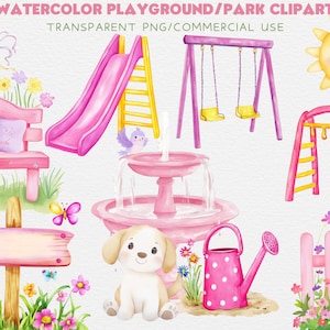 Watercolor Playground Clipart - Kid&#39;s Park - Pink Playground PNG - Playground Birthday Party Invitation Decor - Kid&#39;s Play - Slide - Swing