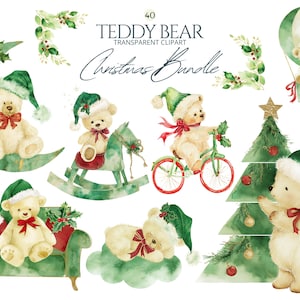 Watercolor Christmas Teddy Bear Clipart: Red, Green, Gold (PNG Digital Download, Commercial Use)