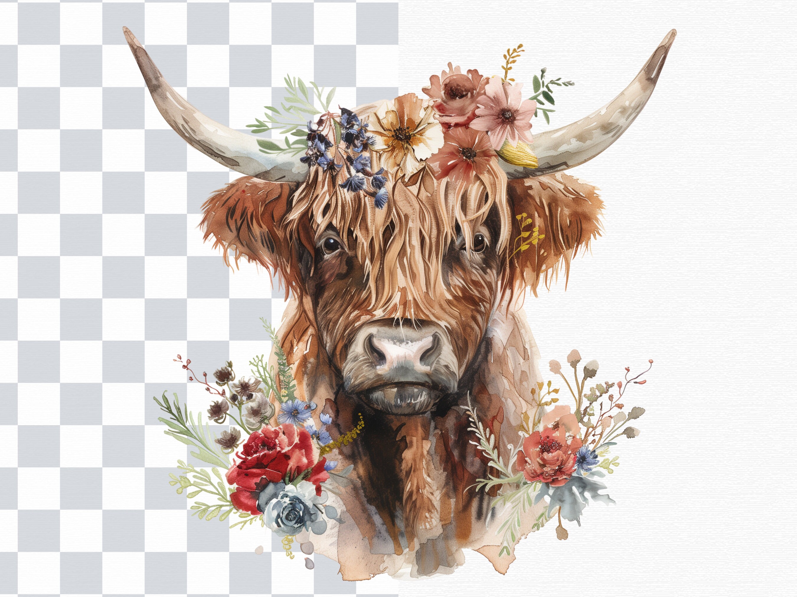 21 Highland Cow Clipart - Floral Highland Cow PNG - Watercolor Highland ...