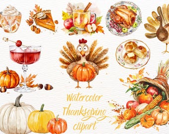 Thanksgiving Clipart, Watercolor Thanksgiving PNG, Autumn, Happy Thanksgiving, Fall Clipart, Pumpkin, Transparent PNG, Commercial Use
