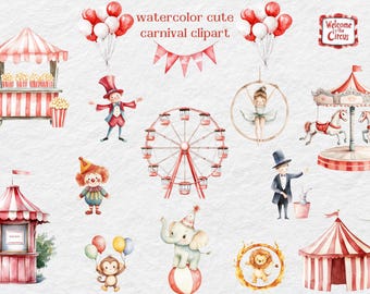 Cute Circus Watercolor Clipart, Watercolor Carnival Clipart, Amusement Park Clipart, Funfair Clipart, Carousel Clipart, Circus Animal PNG