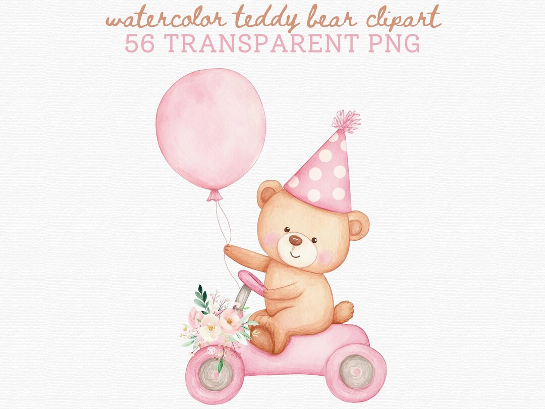 56 Teddy Bear Watercolor Clipart - Teddy Bear With Pink Balloon - Teddy ...