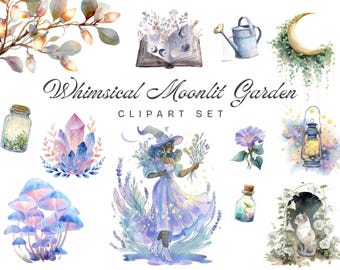 Watercolor Moon Garden Clipart: Mystical Plants, Herbs, Crystals (PNG Digital Download)
