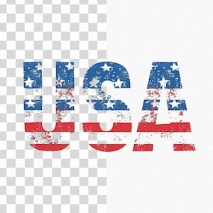 May include: USA spelled out in large letters with a distressed American flag pattern. The letters are red, white, and blue.