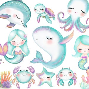 Colección de imágenes prediseñadas de lindas criaturas marinas con purpurina en acuarela - Imágenes prediseñadas de sirena - Imágenes prediseñadas de animales marinos - Imágenes prediseñadas de animales del océano - Uso comercial
