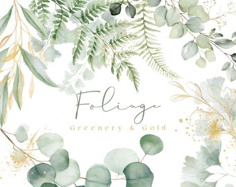 Watercolor Greenery Clipart: Golden Eucalyptus Foliage (PNG Transparent Background) (Digital Download