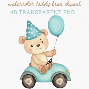 48 cliparts aquarelle ours en peluche - ours en peluche avec ballon bleu - ours en peluche baby shower anniversaire chambre d'enfant - ours en peluche PNG - usage commercial
