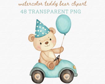 48 Teddybär Aquarell Clipart - Teddybär mit blauem Ballon - Teddybär-Babyparty Geburtstag Kinderzimmer - Teddybär PNG - Kommerzielle Nutzung