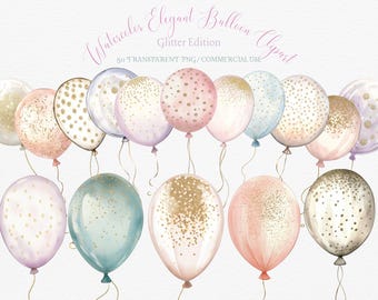 Elegant Watercolor Glitter Balloon - Balloon PNG - Blush Pink, Dusty Blue, Champagne Gold, Rose Gold, Ivory, Black, Silver - Transparent PNG