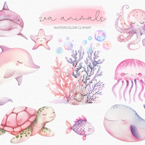 Roze zeedieren clipart, kleine zeedieren clipart, onderzeese aquarel, schattige oceaandieren png, zeedieren clipart, onder de zee clipart