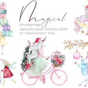 Watercolor Unicorn Christmas Clipart: Whimsical PNG Images (Digital Download)