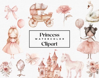 May include: Watercolor clipart set featuring a princess, a carriage, a castle, a swan, a unicorn, a butterfly, a mirror, and flowers. The set is in pink, white, and brown tones.