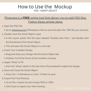 May include: A beige graphic with the title "How to Use the Mockup" and instructions for using Photopea to edit PSD files. The steps include opening the PSD file, double-clicking the Smart Object layer, inserting the design, and saving the final mockup.