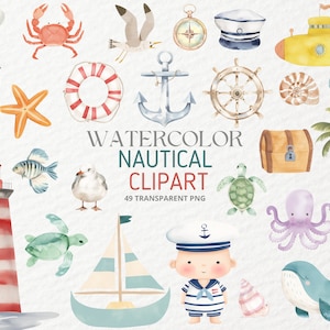 49 Watercolor Nautical Clipart, Sailor Clipart, Clam Shell Whale Lighthouse Submarine Ocean, Sea Animals, Marine, Summer PNG, Commercial Use