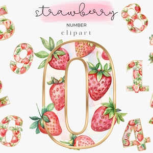 Aquarell Erdbeere Anzahl Clipart - Goldrand - Erdbeere PNG - 0-9 Zahl Clipart - Einladung Clipart - Party Clipart - Zahl PNG