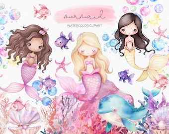 Clipart sirena acquerello - PNG sirena - Collezione sirena - Clipart invito festa sirena - Sirena pastello - Clipart sirena carina