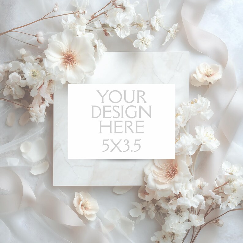 May include: A white rectangular card with the text "YOUR DESIGN HERE 5X3.5" is surrounded by white flowers, petals, and ribbons. The card is 5 inches by 3.5 inches. The background is a soft, light color.