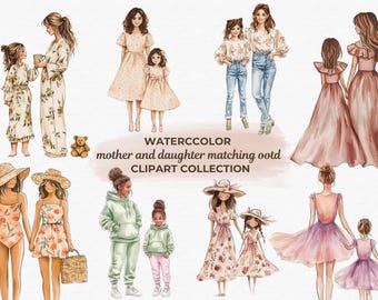 Moeder en dochter bijpassende outfit clipart, aquarel Moederdag clipart, moeder en kind, vrouwen clipart, mama moeder aquarel clipart