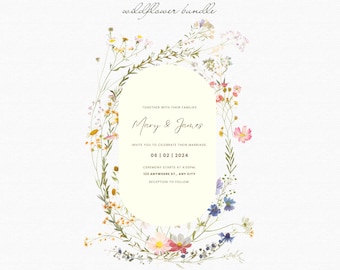 Wildflower Watercolor Frame Wreath Border Boquet - Watercolor Floral Clipart - Wild Flower Watercolor Clipart, Wedding Clipart, Flower PNG