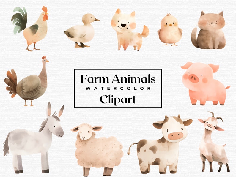 Watercolor Farm Animal Clipart Bundle, Nursery Decor, Baby Shower Decor ...
