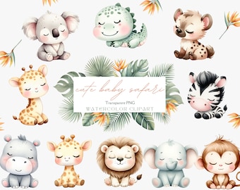 Watercolor Cute Safari Clipart - Baby Safari Animals PNG - Watercolor Safari - Safari Party Clipart - Safari Clipart PNG - Commercial Use