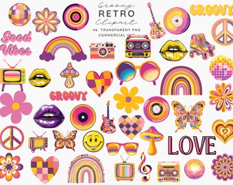 Retro Clipart - Groovy PNG - Boho Hippie Clipart - Retro Flower - Retro Elements - Retro Prints - Retro Shirt - Groovy Clipart - Goodvibes
