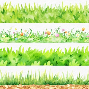 May include: Watercolor illustrations of green grass and wildflowers. The image features four horizontal bands of grass, each with a different style. The top band shows tall, dense grass, while the second band includes colorful flowers. The bottom band has a brown, earthy base.