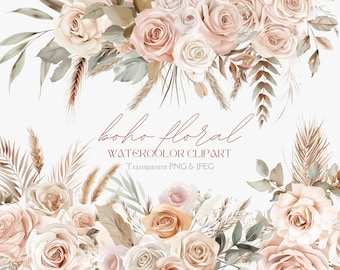 Op de afbeelding: Waterverf clipart met een boho bloemenarrangement met roze, crème en beige rozen, gedroogde grassen en eucalyptusbladeren. De tekst "boho floral watercolor clipart" staat in bruine tekst onder het arrangement.