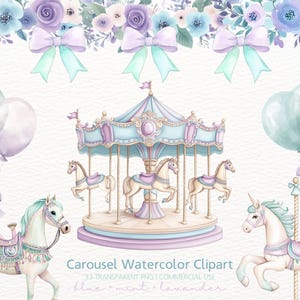 Carrousel aquarelle Clipart PNG, cheval de carrousel, baby shower, anniversaire, clipart carnaval, poney clipart, art de chambre d'enfant carrousel, usage Commercial