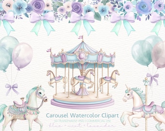 Carousel Watercolor Clipart PNG, Carousel Horse, Baby Shower, Birthday, Carnival Clipart, Pony Clipart, Carousel Nursery Art, Commercial Use