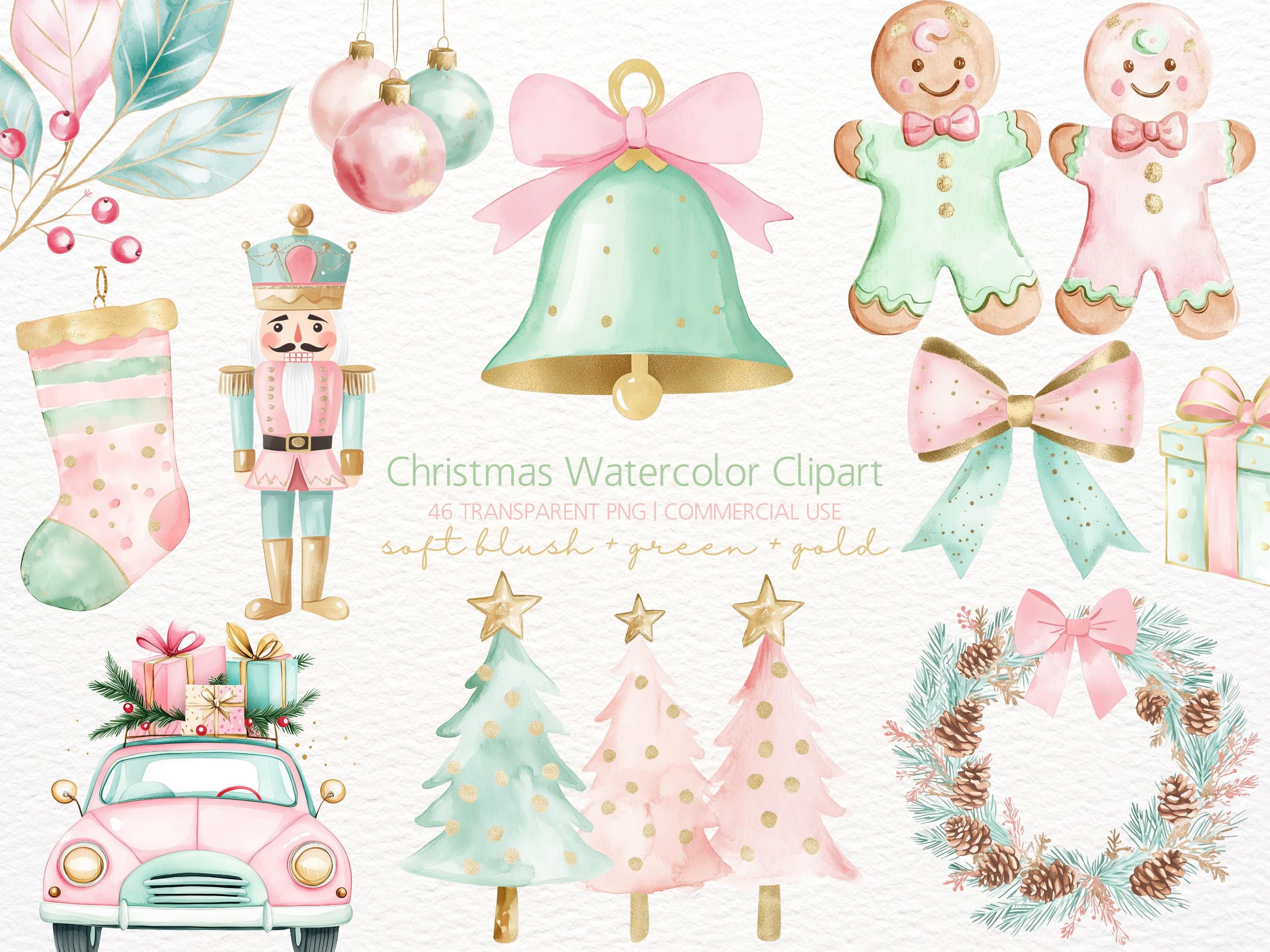 Pink Watercolor Christmas Clipart, Christmas Ornaments Clip Art, Nutcracker Clipart, Pink Bow PNG, Christmas Wreath, Gingerbread Man, 46 PNG