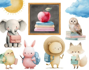 Watercolor Back to School Clipart: Animals, School Bus, Globe (PNG Digital Download, Commercial Use)