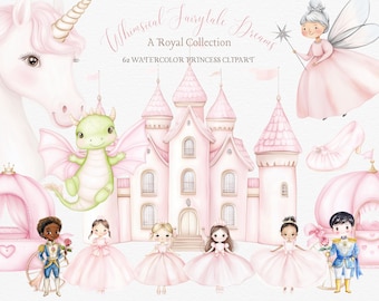 Watercolor Pink Princess Clipart - Princess PNG - Castle, Unicorn, Dragon, Fairy Godmother, Prince, Swan - Little Princess - Commercial Use