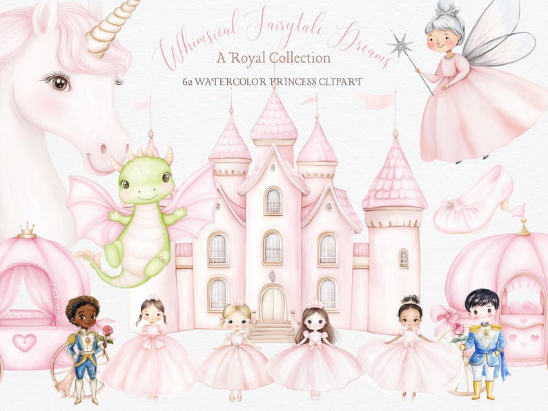 Watercolor Pink Princess Clipart - Princess PNG - Castle, Unicorn ...