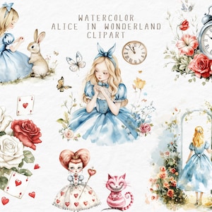 Clipart Alice au pays des merveilles, aquarelle Alice au pays des merveilles Clip Art, chapelier fou, lapin blanc, reine de coeur, Alice au pays des merveilles PNG