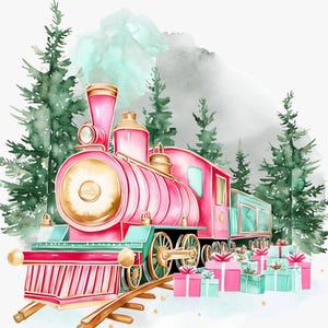 Tren navideño de acuarela rosa, clipart, manualidad de papel, diario basura, clipart navideño PNG, tren navideño PNG, clipart lindo de tren navideño
