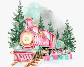 Pink Christmas Train Clipart: Watercolor PNG (Digital Download)
