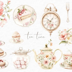 Aquarell Tea Time Clipart - Blumen Teeparty - Aquarell Desserts -Hochzeit Clipart - Garten Teeparty - Scrapbooking Clipart - Teetasse