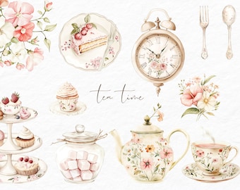 Watercolor Tea Time Clipart - Floral Tea Party - Watercolor Desserts -Wedding Clipart - Garden Tea Party -Scrapbooking Clipart - Tea Cup