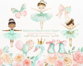 Pink, Green & Gold Ballerina Clipart, Swan Lake Clipart, Watercolor Ballerina Clipart, Cute Ballet Clipart, Ballerina PNG, Swan Clipart PNG