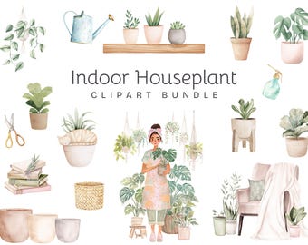 Watercolor Houseplant Clipart: Potted Plants & Greenery (PNG Digital Download, Commercial Use)