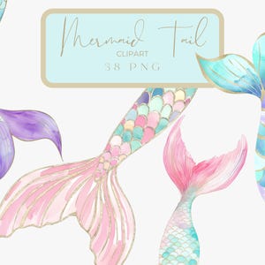 Queues de sirène aquarelle avec paillettes - Clipart queue de sirène - 38 PNG - Collection sirène - Clipart Invitation fête sirène - sirène PNG