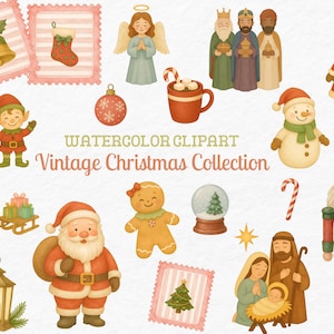 Natal vintage, clipart de Natal em aquarela, Papai Noel, Menino Jesus, Presépio, Quebra-nozes, Boneco de neve, Pão de mel, Postamp de Natal