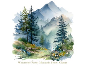 Akvarell berg Clipart PNG, lugn skogsbergsscen, naturlandskap Clip Art, berg PNG, akvarelllandskap, kommersiellt bruk