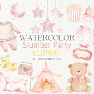 64 Watercolor Pajama Party, Slumber Party Clipart, Pajama Clipart, Slippers, Sleeping Mask, Pillows, Girls in Slippers, Popcorn Clipart PNG