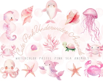 Pink Sea Animals Clipart, Little Sea Animal Clipart, Undersea Watercolor, Cute Ocean Animals PNG, Sea Animals Clipart, Under The Sea Clipart