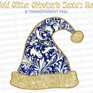 Gouden glitter chinoiserie kerst kerstmuts png - blauwe kerst png - kerstmuts png - blauwe en witte kerst - grandmillenial kerst