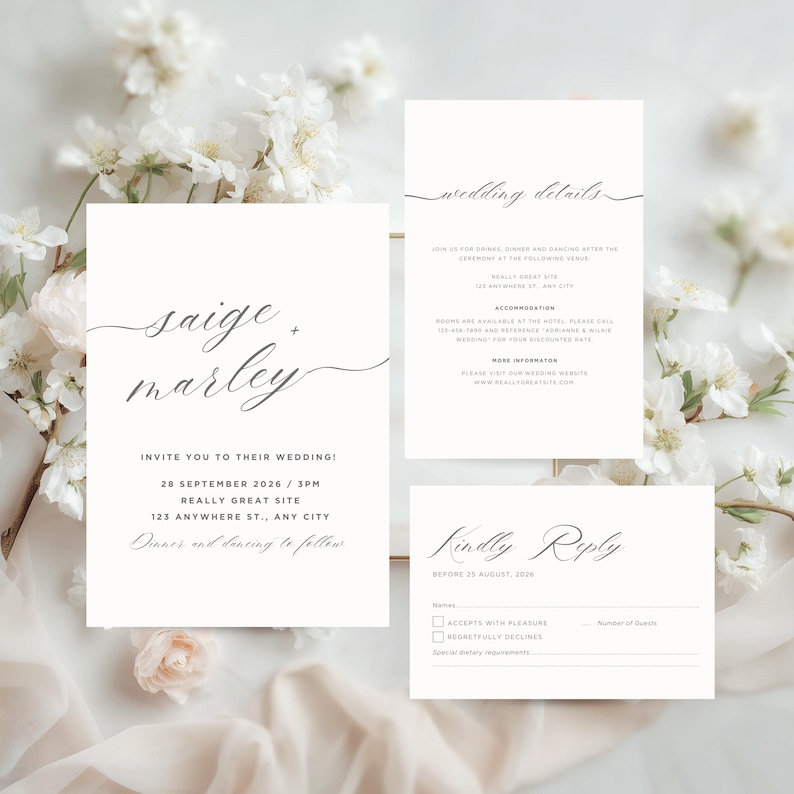 May include: A set of ivory wedding stationery with elegant calligraphy. The invitation reads "Saige + Marley" and includes event details. Additional cards provide wedding details and a reply card. Floral accents surround the cards.
