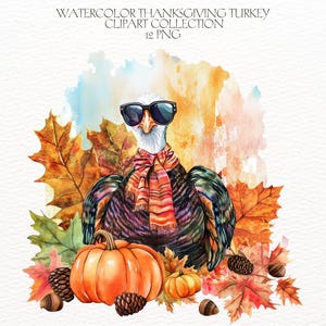 Thanksgiving Clipart, Watercolor Turkey Clipart, Autumn, Happy Thanksgiving, Fall Clipart, Pumpkin, 12 Transparent PNG, Commercial Use