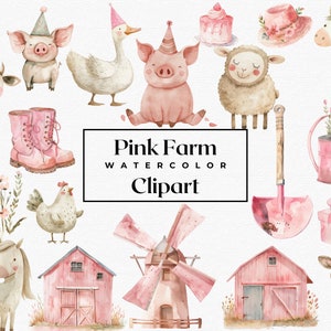 Paquete de imágenes prediseñadas de animales de granja de acuarela, decoración de guardería, decoración de baby shower, imágenes prediseñadas de guardería, imágenes prediseñadas de animales de granja rosas, lindos animales de granja PNG,